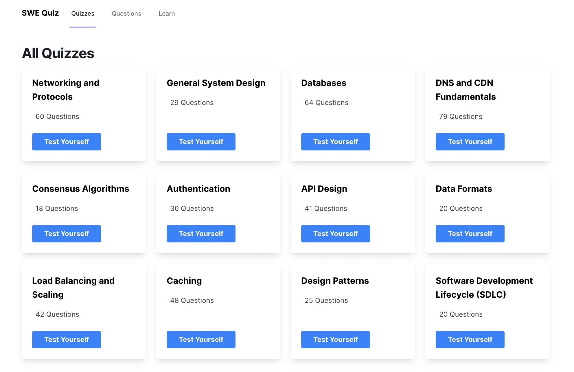 SWE Quiz Screenshot of All Quizzes